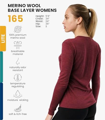 100% Merino Wool Base Layer Womens - Long Sleeve Thermal Shirts + Socks (Medium, 165 Burgundy) — view 2