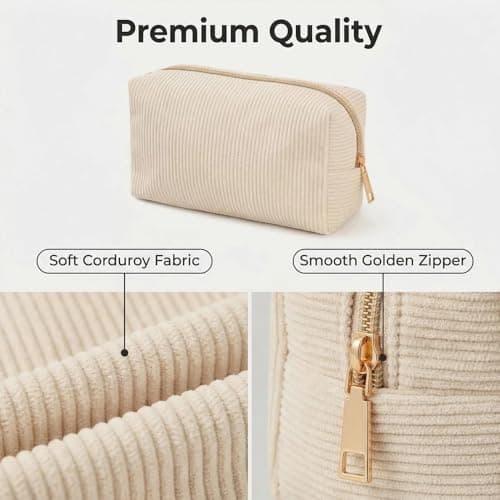 Large Makeup Bag Cosmetic Pouch Ribbed Fabric Beauty Organiser with Smooth Gold Zip for Women Professionals Travel Home Office Daily Commute Handbag Insert Accessories — view 3