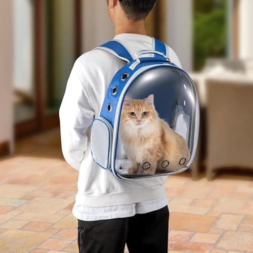 LN COZY CORNER Transparent Bubble Cat Backpack –Space Capsule Pet Carrier Backpack with Hard‑Shell Dome, Breathable Mesh & Padded Straps – Hands‑Free Travel Cat Bag Carrier (Blue) — view 5