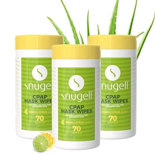 Snugell Fresh Citrus-Scented Travel CPAP Mask Wipes – (3 Canisters,70 Wipes Each) – 100% Soft Cotton – Skin-Safe with Aloe Vera – Lint & Alcohol Free – Perfect for Effective Cleaning of CPAP Equipment