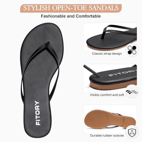 FITORY Women's Leather Flip Flops, Beach Thong Sandals Matte Black Size 7 — view 4