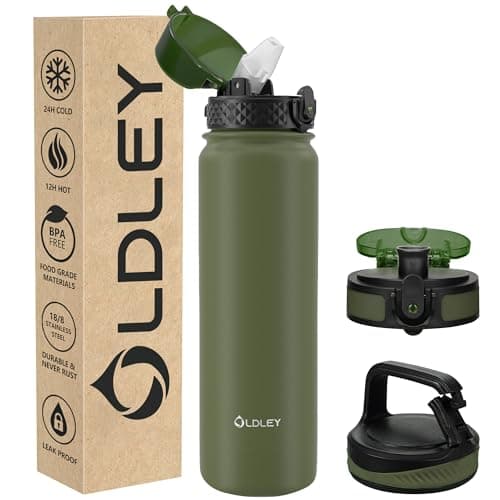 OLDLEY Stainless Steel Water Bottle with Straw 1L Vaccum Insulated Large Drink Flask Metal Water Bottles 1 Litre Leakproof Keep Drinks Hot Cold for Sports Travel Gym with Different Lids(Olive, 3 Lids)