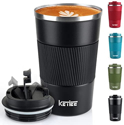 KETIEE Travel Mugs, 380ml Insulated Coffee Cup with Leakproof Lid,Reusable Coffee Travel Cups,Coffee Travel Mug,Double Walled Coffee Mug,Stainless Steel Thermal Mug for Hot Cold Drinks,Black