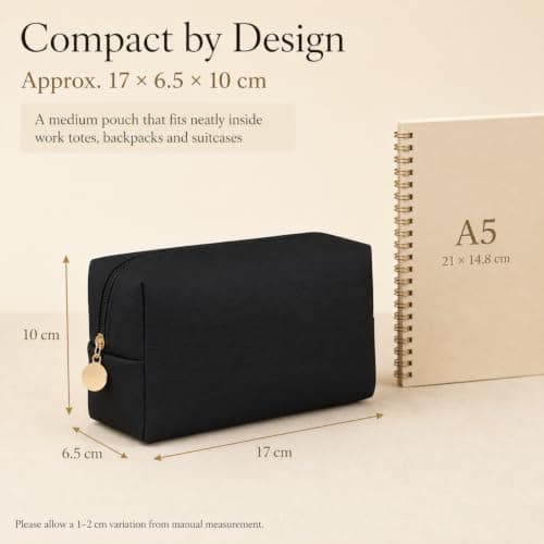 Medium Black Makeup Bag for Women and Men, Compact PU Travel Toiletry Pouch — view 4