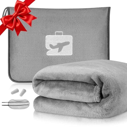 flintronic Travel Blanket and Pillow, 2 in 1 Airplane Blanket with Eye Mask and Ear Plugs, Compact Office Blankets, Lightweight & Portable Pillow for Adults, Kids,Long Flights and Trains (Grey)
