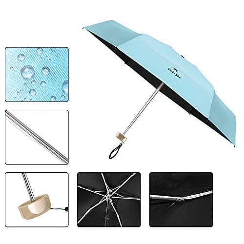 Vicloon Mini Umbrella, Pocket Umbrella with Golden Handle, 210T Black Rubber Cloth & 6 Aluminum Alloy Ribs, Foldable Compact Travel Umbrella, UPF>50+ UV Resistance — view 6