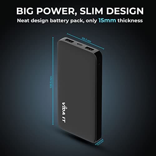 Vida IT vDuo 10000mAh Power Bank USB Battery Pack for Heated Vest Jacket Gilet 5V 2A Long Lasting Backup Portable Charger for iPhone Google Pixel Android Mobile Phone Tablet PC, Rechargeable Type-C — view 2