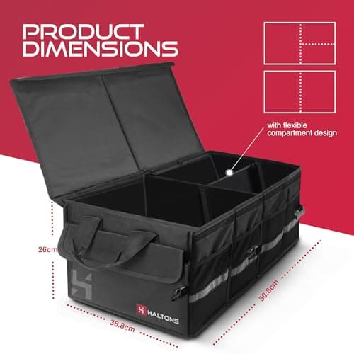 Haltons Foldable Car Boot Organiser Large, Durable 600D Oxford & 210D Polyester, Portable Boot Storage Box with Multi Compartments, Ideal for SUV, Truck, Van & Car Storage (36.8x50.8x26cm) Black — view 2