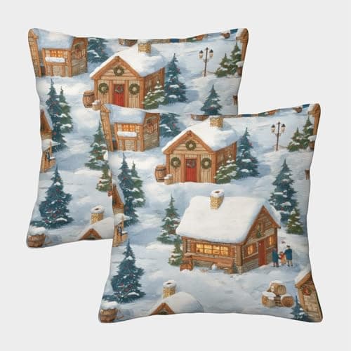 QFVANSIYO Winter Village Scene Organic Cotton Cozy Cabin StylePillow Slip Set of 2 Hypoallergenic for Kids Toddler Double Bed UK Standard Size Ultra Soft Easy Care Gift for Her Him 45x45cm