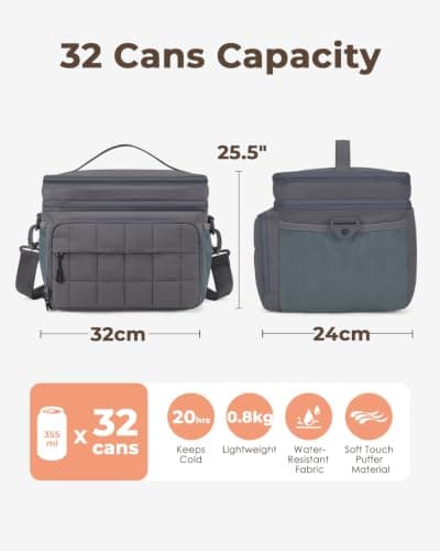 Puffer Cooler Bag 32 Cans Insulated Soft Sided Cooler Double Deck Collapsible Lunch Box for Picnic, Beach, Hiking, Camping, Work, Travel (Grey) — view 3