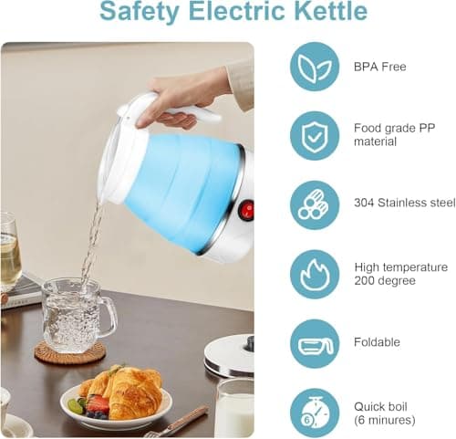 MKAEYYO Travel Kettle - Travel Kettles Electric Small, Portable Collapsible Kettle with Detachable Power Cord for Outdoor Hiking and Camping (Blue) — view 4