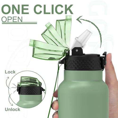 GOPPUS 750ml/26oz Stainless Water Bottle with Straw Double Wall Insulated Bottles with Strap Reusable Vacuum Thermal Flask Leakproof Keep Cold Drinks Bottles with Flip Top Lid BPA Free (Light Green) — view 3