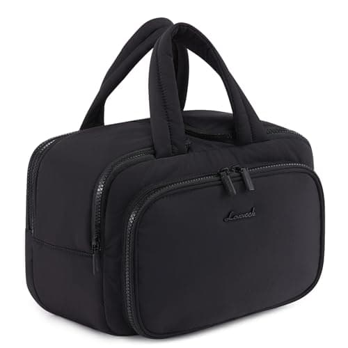 LOVEVOOK Travel Toiletry Bags for Women, Large Capacity & Wide-Open Make Up Bag, Lightweight Puffer Cosmetic Makeup Organiser Wash Bag with Handle for Toiletries, Accessories, Essentials, Black