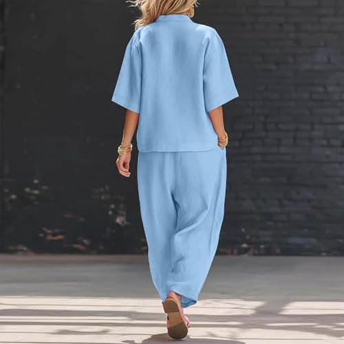 womens gym set Co Ord Sets for Women Cotton Linen 2 Piece Plus Size V Neck Tops & Wide Leg Trousers Summer Fashion Loose Comfy Vacation Travel Airport Outfits Light Blue XL — view 5