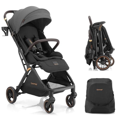 Gromast Gravity Folding Baby Stroller - Portable Travel Toddler Stroller w/Adjustable Backrest, Canopy & Cup Holder, Lightweight and UV Protected, One-Hand Automatic Folding - Dark Gray