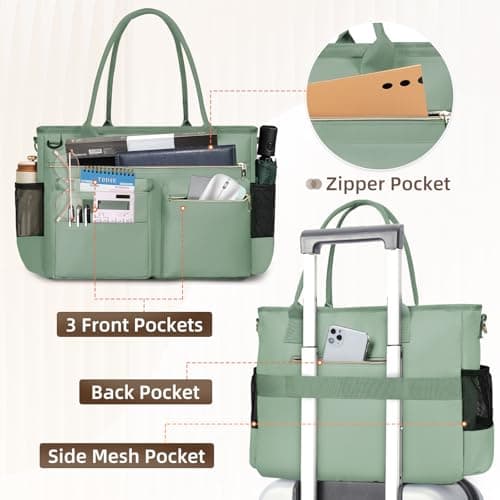 RAINSMORE Laptop Tote Bags for Women 15.6 inch Teacher Bag Large Nurse Utility Bag Computer Messenger Briefcase with Insulated Pocket for Work School Office Business University Mint Green — view 5