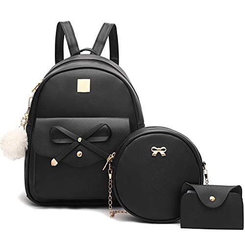 Gloppers Girls Bow Backpack 3PCS Faux Leather Backpack Set with Shoulder Bag & Wallet Cute Rucksack for Women Travel (Black)