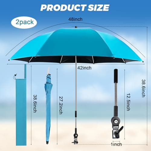 ConBlom 2 PACK Chair Umbrella with Universal Clamp, 360 ° Adjustable UPF50+ Umbrella for Stroller, Patio Chair, Wheelchair, Camping Chair, Golf Carts (Light Blue) — view 2