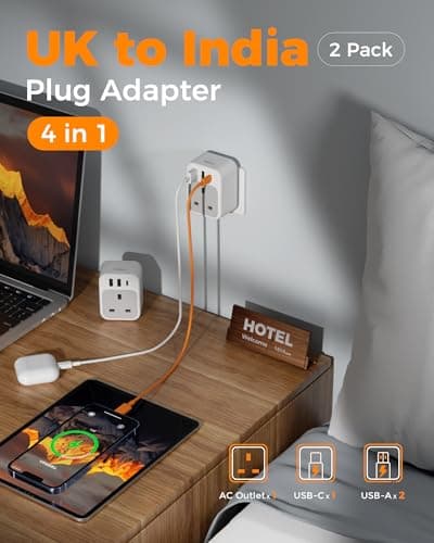 TESSAN UK to India Plug Adapter, Type D India Travel Adapter with USB C — view 3