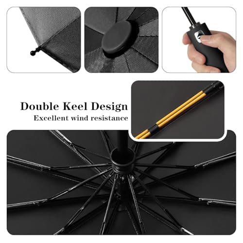 FANSEZQ ANSEZQ Windproof Travel Umbrella - Automatic Open Close, 24 Ribs Heavy Duty Compact Folding Umbrella, UV Protection Rain Umbrella for Men and Women (black) — view 4