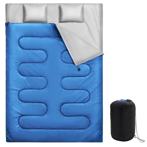 Warmiehomy Double Sleeping Bags for Adults with 2 Pillows, 300 GSM King Size Sleeping Bag, Waterproof XL 3 Season Sleeping Bag with Carrying Bag for Indoor & Outdoor Use, Warm Camping Quilt(Blue)