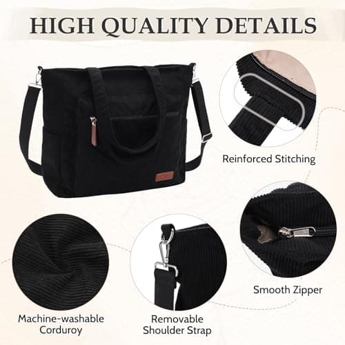 Kasgo Corduroy Tote Bag for Women, XXL 15.6" Laptop Work College Bag, Black — view 4