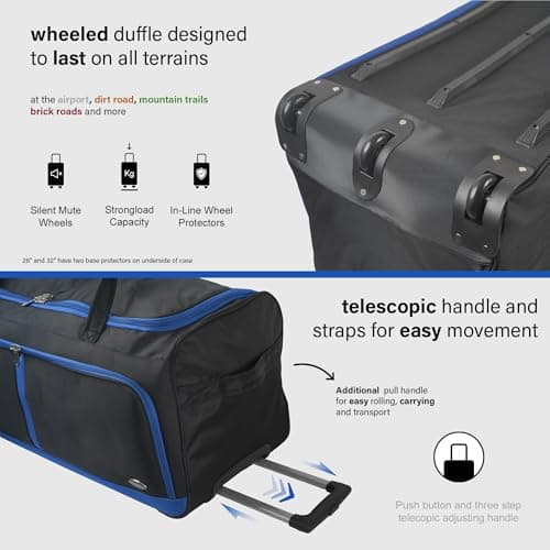 Aerostar 36" XL Extra Large Lightweight Duffle 3 Wheel Travel Bag Holdall Suitcase Check-in Luggage All Terrain (174L, Blue on Black) — view 3