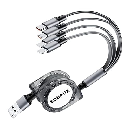 SDBAUX 4 in 1 Retractable Multi USB Charger Cable, 3A Fast Charging Cord 1M