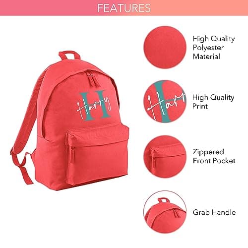 Print Maniacs Personalised Any Name Large 18L Kids Travel Backpack Junior Shoulder Collage Rucksack School Lunch Swimming P.E Laptop Book Bag (Coral, Teal/White) — view 3