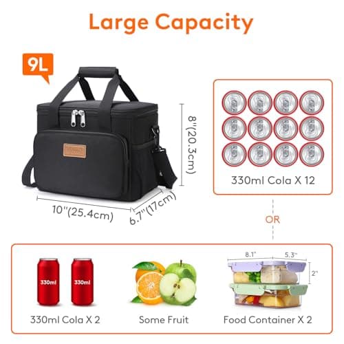Lifewit Lunch Bag 9L 12 Can Insulated Lunch Box Soft Cooler Cooling Tote for Adult Men Women, Black — view 4
