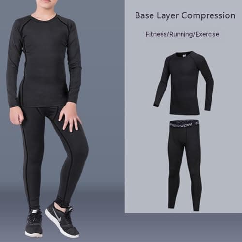 Holimaid Kids Boys Thermal Base Layer Sets Long Sleeve Athletic Compression Suit Ideal for Football Sports Outdoor Sports Performance (Black, 130) — view 3