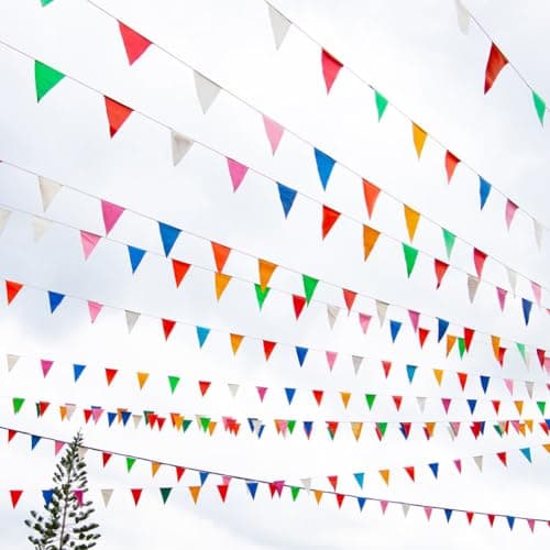 328ft/100M Bunting Banner, Bunting Outdoor Waterproof Reusable Nylon Fabric Pennant Bunting with 200pcs Triangle Flags for Mother‘s Day Garden Festival Birthday Wedding National Day Party Decorations — view 6