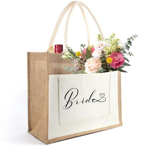 Bride Jute Tote Bag, Bridal Shower Wedding Bachelorette Bride Gifts Shoulder Bag, Reusable Shopping Bags for Wedding Day Engagement Proposal Hen Party Suitable for Travel Picnic Beach Holiday