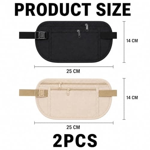 WVGSXBO 2 Pack Hidden Travel Money Passport Belt, Waterproof Anti-Theft Undercover Waist Pouch, Adjustable Secure Wallet for Passport Cash Cards Phone Adults, Black & Beige — view 2