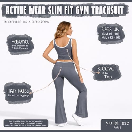 Grey Womens Summer Gym Set 2 Piece Activewear – Removable Sports Bra Pads & High Waist Flared Leggings – Stretch Yoga Workout Outfit – Supportive Fitness Co Ord Set S/M (UK 6–10) — view 3