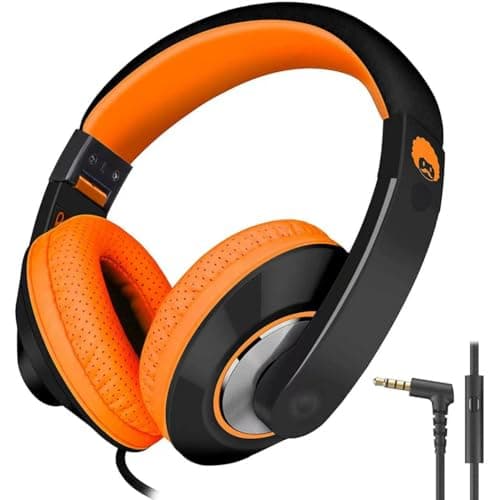 Rockpapa Comfort+ Kids Headphones, Over Ear Wired Headphones for Kids Children Adult with Microphone, Stereo Sound, Adjustable Head phones for School/Travel/Phone/PC/MP3-Black Orange