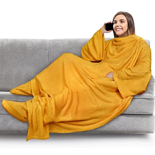 PAVILIA Fleece Blanket with Sleeves, Foot Pockets for Women Men Adults, Plush Wearable Blanket Throw Wrap, Warm Snuggle Blanket Robe, Cozy Gift Ideas Wife Mom, Mustard Yellow
