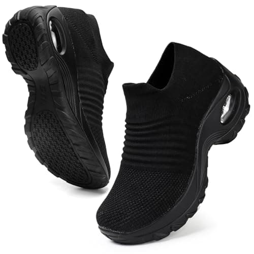 HKR Women Trainers Slip on Walking Shoe with Memory Foam All Black UK 6