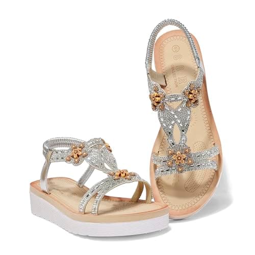 LUNATECH Summer Sandals For Women Flat Sandals Ladies Sandals Summer Shoes Dressy Casual Sandals Bohemian Sandals (SILVER, Adult, Women, 7, Numeric, UK Footwear Size System, Medium)