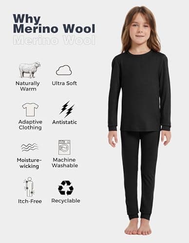 Unisex Kids 100% Merino Wool Base Layer Set Lightweight Black 9-10 — view 2