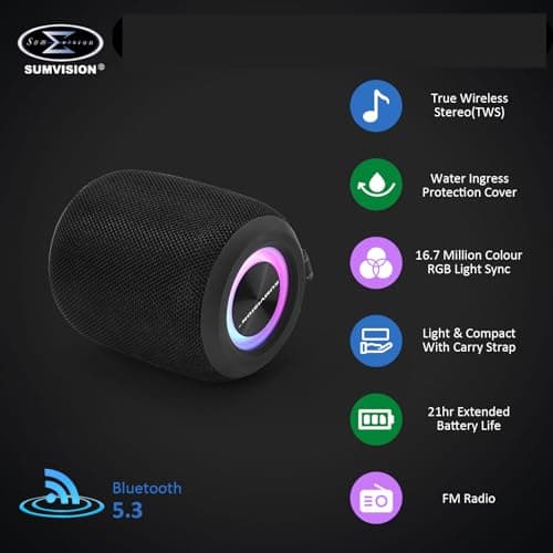 Sumvision Monic Wave Portable Bluetooth Speaker True Wireless Stereo Speakers 3D Sound Enhance RGB 21Hr 1800mAh Long Life Battery Bluetooth 5.4 USB C Fast Charge Drop Protect UK Design UK Tech Support — view 2