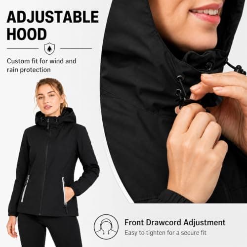 Women's Lightweight Packable Waterproof Jacket, Hooded Windproof Raincoat with Adjustable Hood and 2 Waterproof Zip Pockets for Hiking, Travel, Running (UK, Alpha, S, Regular, Regular, Black) — view 2