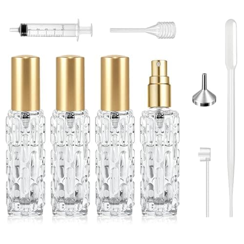 Qufiiry 4 * 10ml Refillable Perfume Atomiser, Travel Perfume Bottles, Leak-Proof Small Aftershave Spray Dispenser, Mini Empty Glass Spray Bottle for Handbag, Pocket, Business Travel Essentials(Gold)