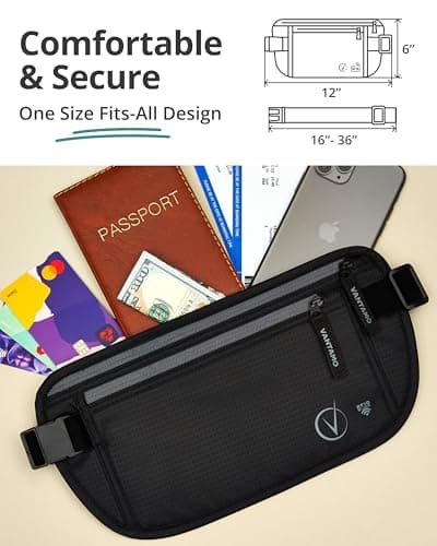 Vantamo Bum Bag with RFID, Ultra-Thin Money Belts for Travel Hidden Men, 2 Compartment Fanny Pack for Women Fits Passport & Phone to Protect Valuables, Waist Bag for Traveling, Hiking & Walks — view 4