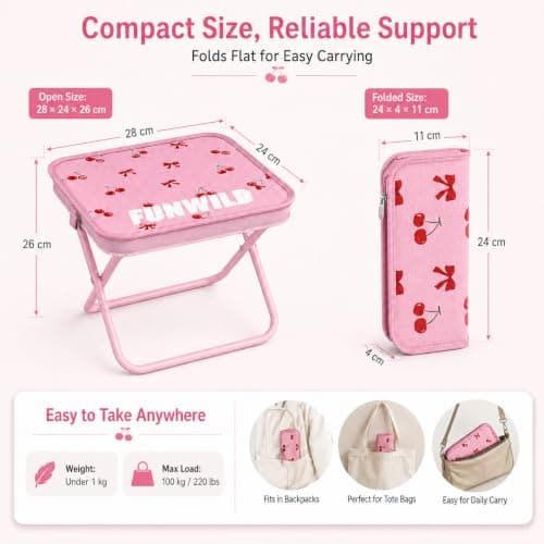 Xieesae 2-in-1 Folding Stool Bag, Lightweight Portable Camping Stool for Adults & Kids, Cute Cherry Foldable Compact Seat for Festivals, Travel, Picnic and Fishing — view 2
