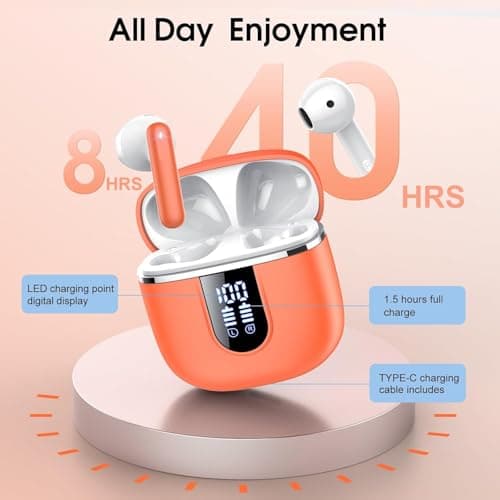Wireless Earbuds with 6D Stereo, Bluetooth Headphones for Work,Sport Orange — view 3