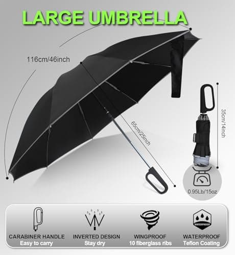 TUMAAOTU Compact Inverted Umbrella with Never Forget Carabiner Handle - Travel Umbrella Windproof Strong, Reverse Umbrellas for wind rain, Auto Open Close, 10 Rib Durable Frame for Women Men (Black) — view 4