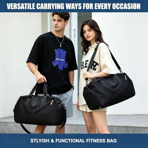 Gym Duffle Bag 30L, Lightweight Travel Gym Bag with Shoe Compartment | Adjustable Strap | Wet-Dry Pocket, Waterproof Sports Holdall for Men Women, Ideal for Overnight Weekender Travel Swimming, Black — view 3