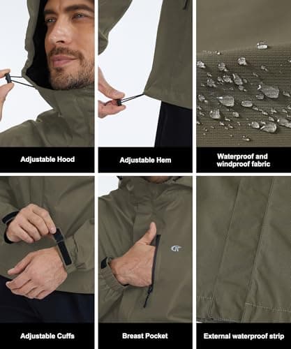 Huayuzh Mens Waterproof Jackets Men's Outdoor Rain Jacket Lightweight Coat Packable Windproof Softshell Hiking Fishing Army Green 2XL — view 6