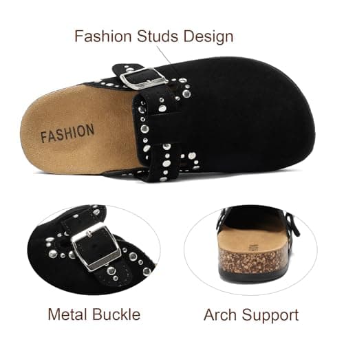 YorFotMae Suede Clogs Men Women, Cork Footbed Sandals with Buckle, Black — view 5
